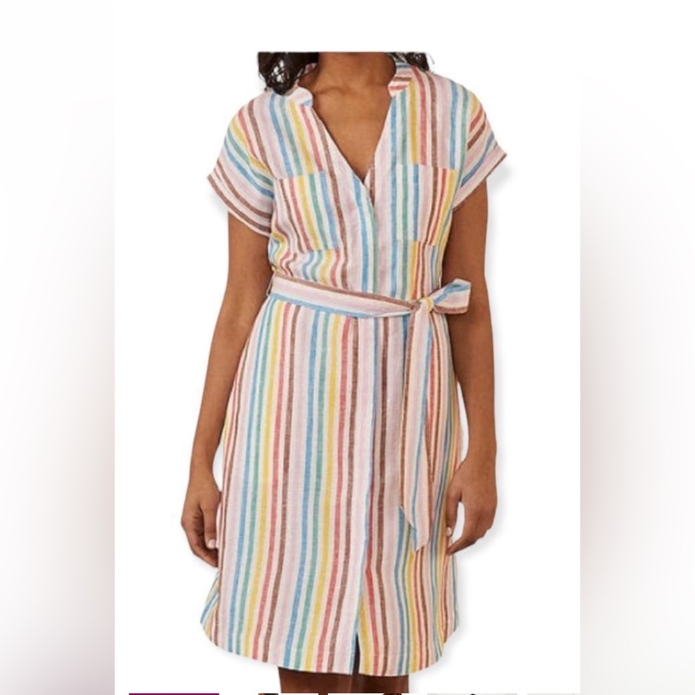 Striped Short-Sleeve Shirt Dress with Self Tie Belt - Multicolor